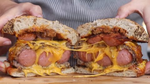 hot dog-stuffed burger